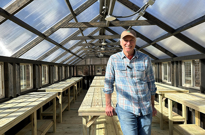 Joe Lamp'l in his greenhouse.